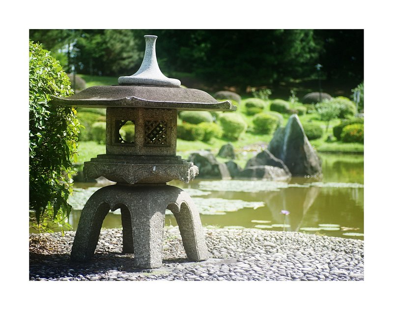 Japanese Zen Garden With Bonsai And Traditional Stone Lantern